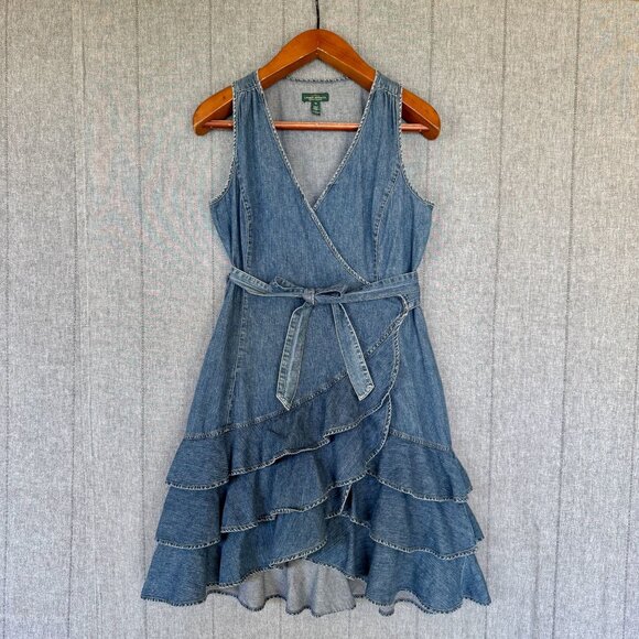 Lauren Ralph Lauren Dresses & Skirts - Lauren Ralph Lauren Cotton Denim Triple Ruffle Hem True  Wrap Midi Dress Size 10